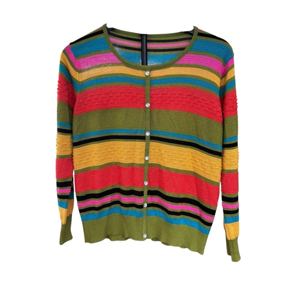 Multicolor Fun Rainbow Striped Women's Pullover Cardigan w/Faux Crystal Buttons - Picture 2 of 4